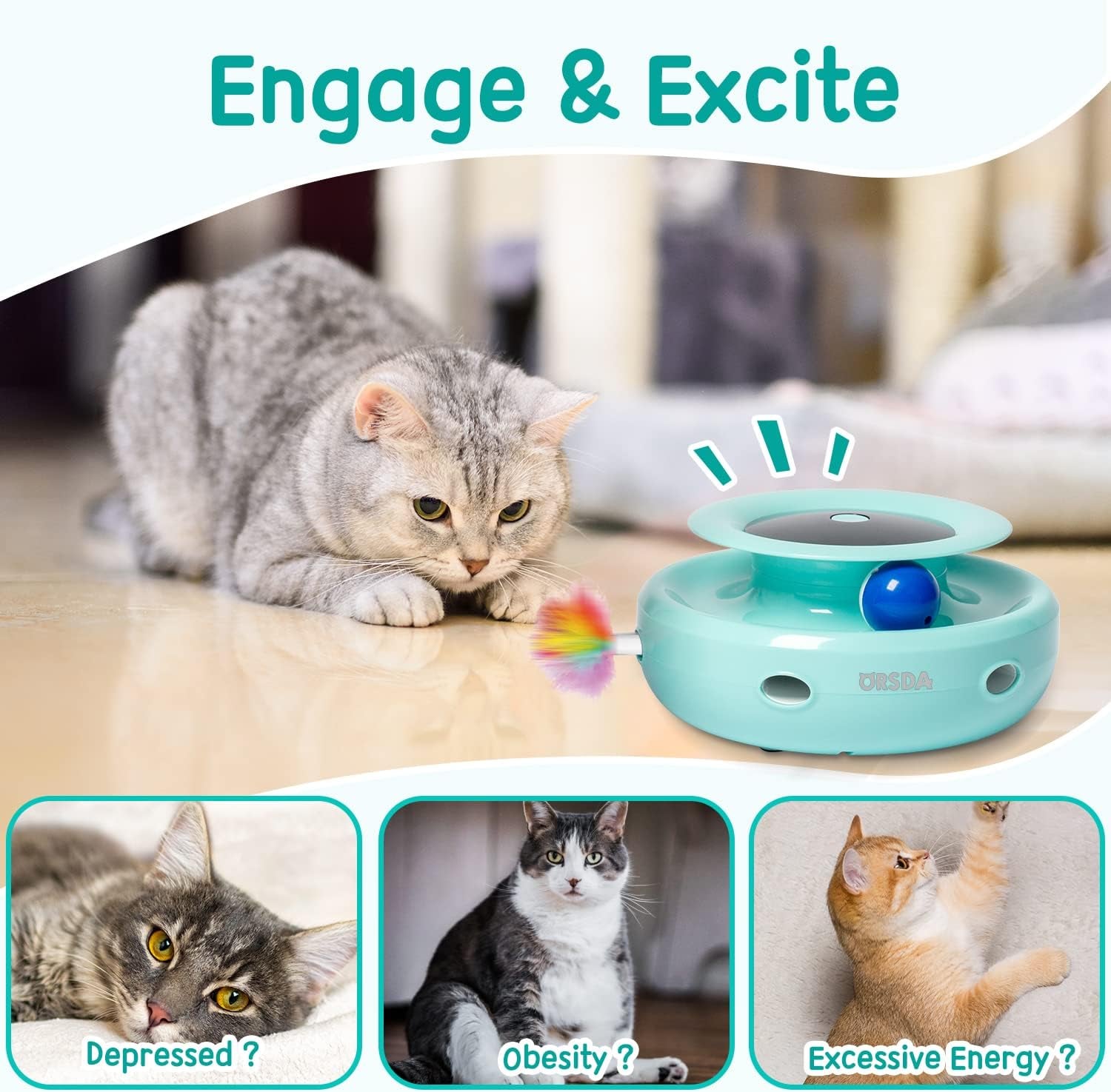 "2-in-1 Interactive Cat Toy – Automatic Rolling Balls & Feather Ambush | Adjustable Speed, Dual Power, Auto On/Off | 7 Attachments for Indoor Cats & Kittens"